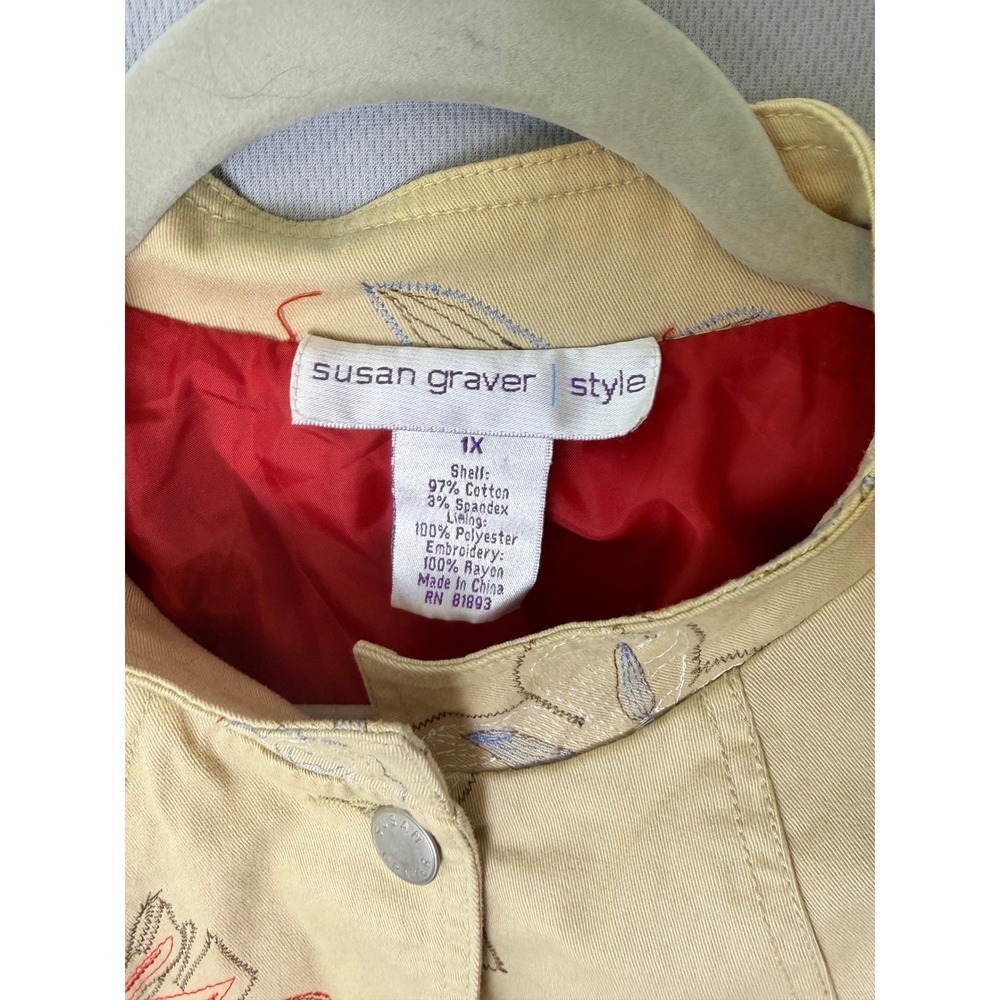 Susan Graver 1X Tan Floral Embroidered Jacket Cotton Blend Utility Plus Size - Picture 6 of 9